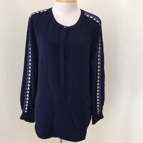 J. CREW black label Size 8 navy embroidered and beaded sleeve silk top